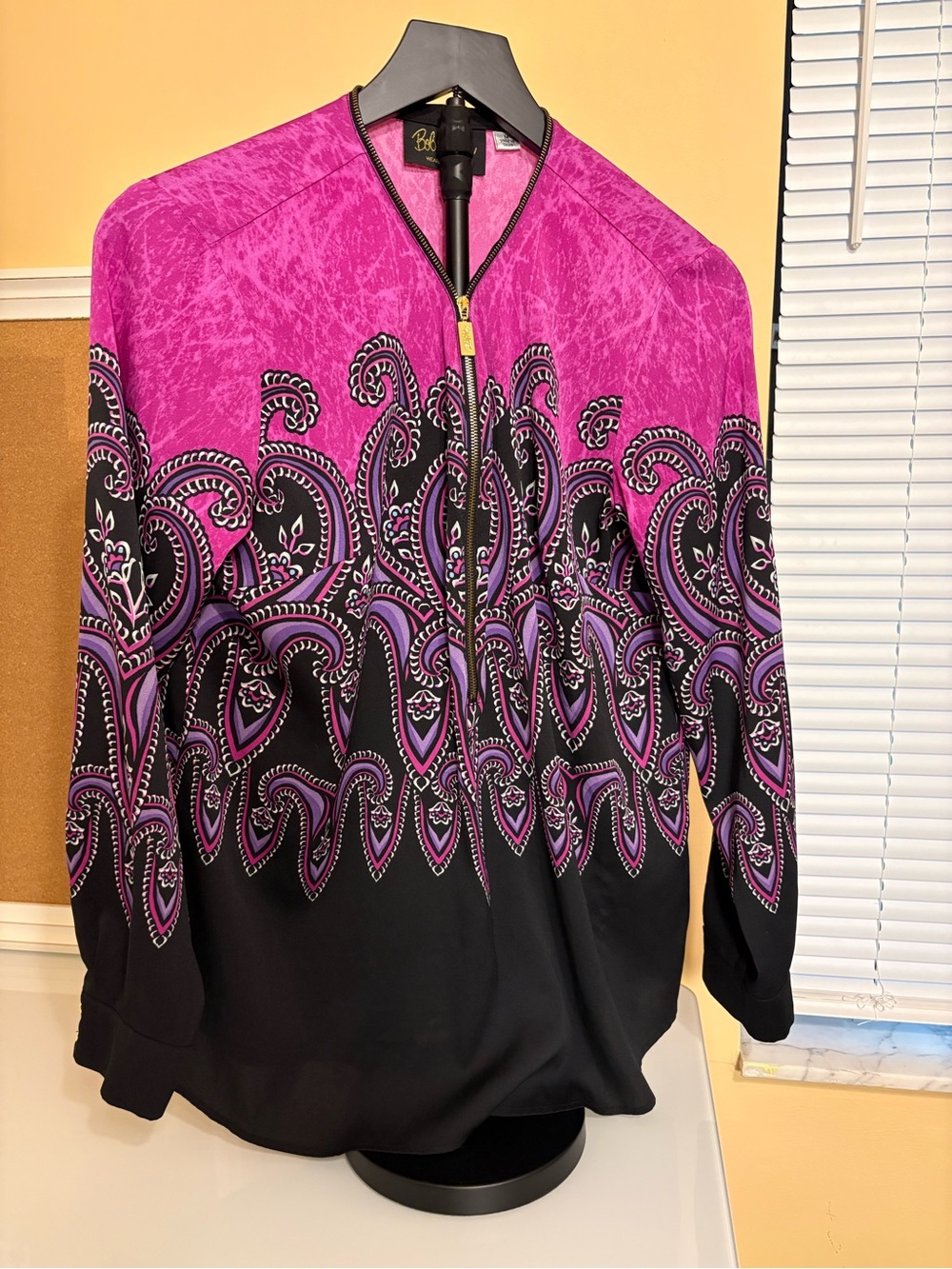 Bob Mackie Pink, Purple and Black Paisley Zip-Front Tunic